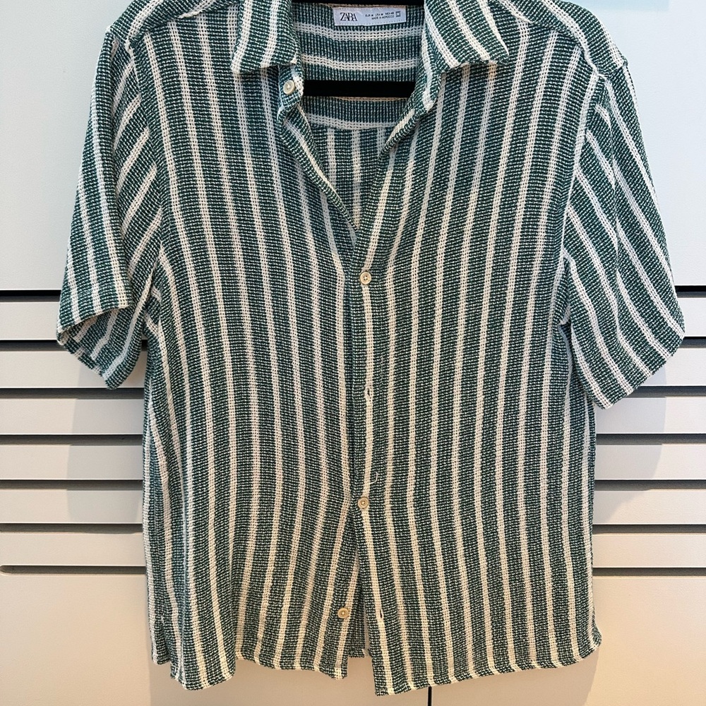 Zara Casual Green and White Striped Shirt